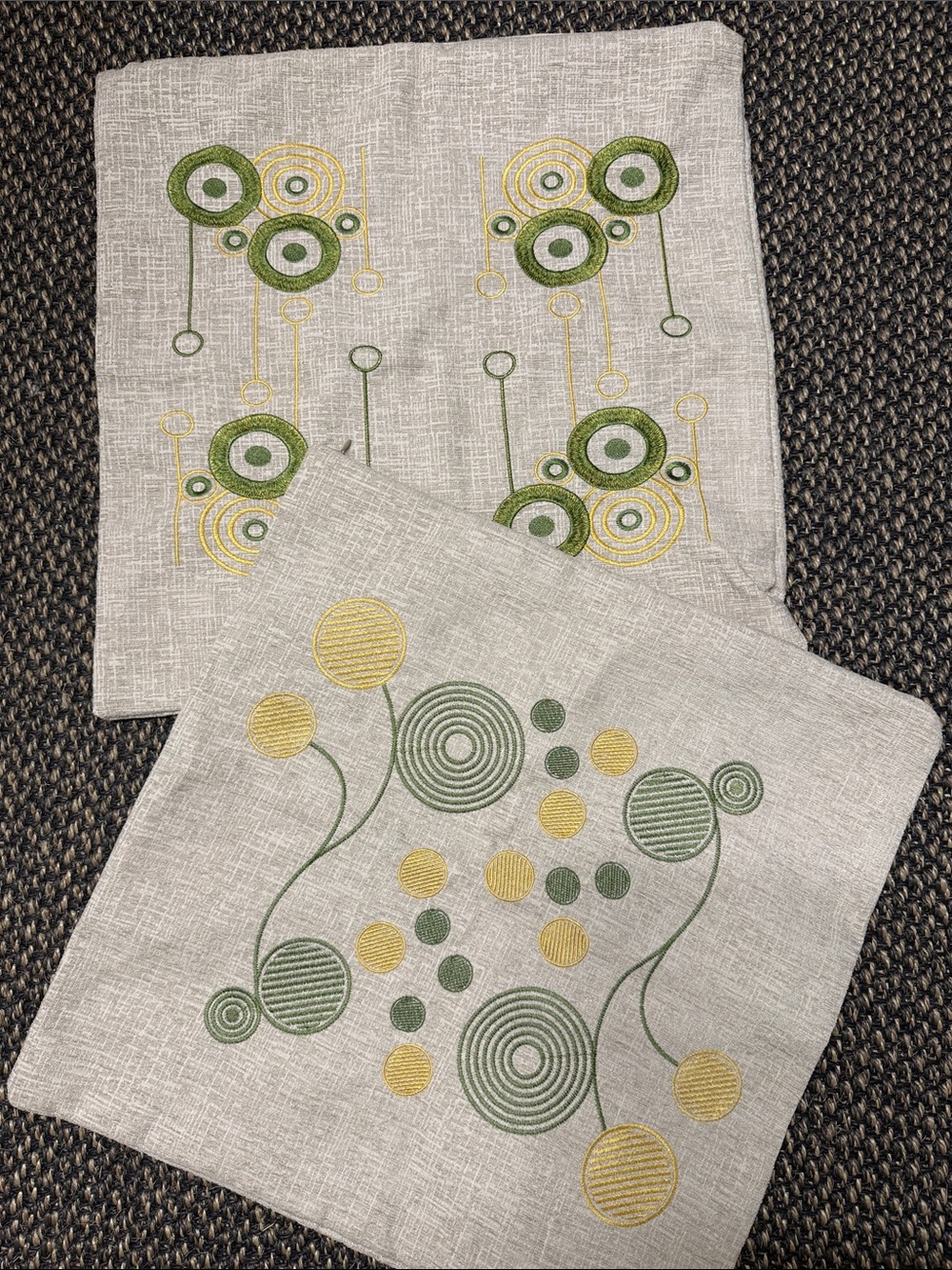 Embroidered Linen-Feel Decorative Pillow Covers - Green & Yellow Circles